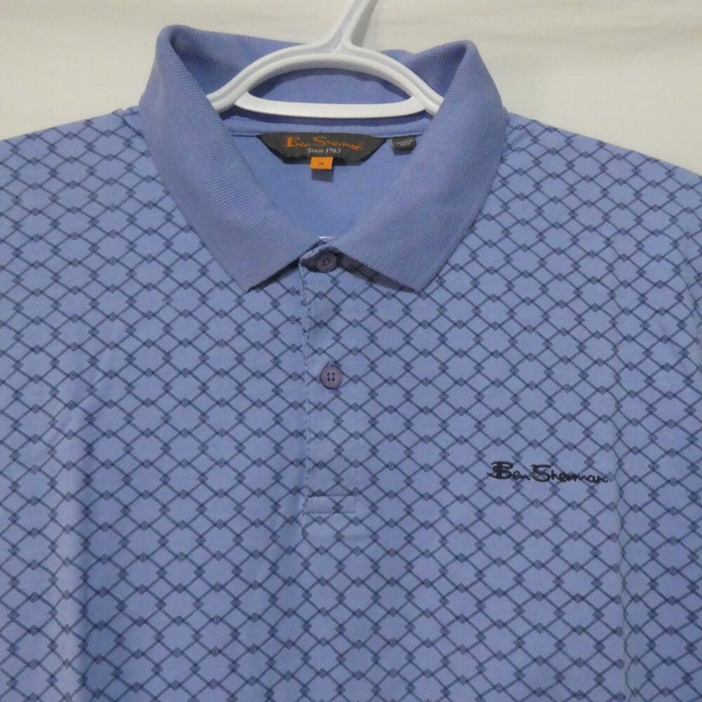 BEN SHERMAN | medium | Stylish Blue Geometric Polo Shirt | Stitched Print Logo
